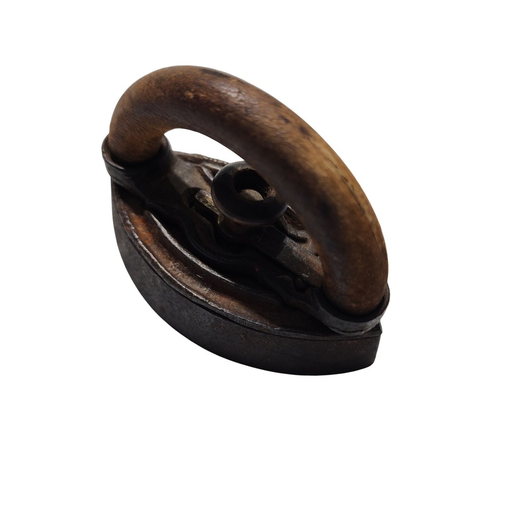 Antique Miniature Cast Iron Sad Iron Primitive Wood Handle Detachable Top 4 Inch